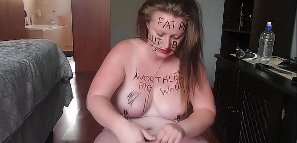  Big fat worthless pig degrading herself | body writing |hair pulling | self slapping